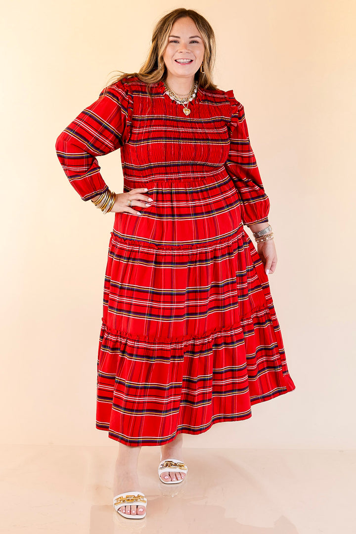 Mud Pie | Walton Smocked Bodice Long Sleeve Plaid Midi Dress with Tiered Skirt in Red