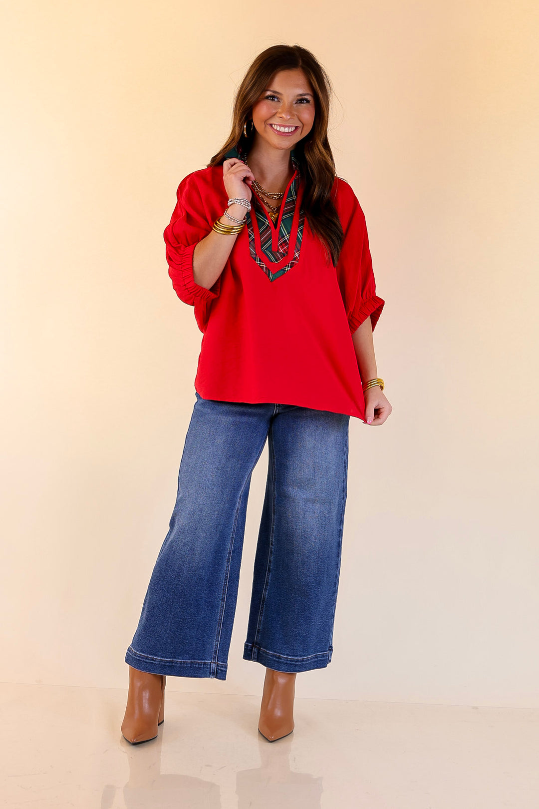 Naturally Stylish Poncho Top with Green Plaid Trim in Red