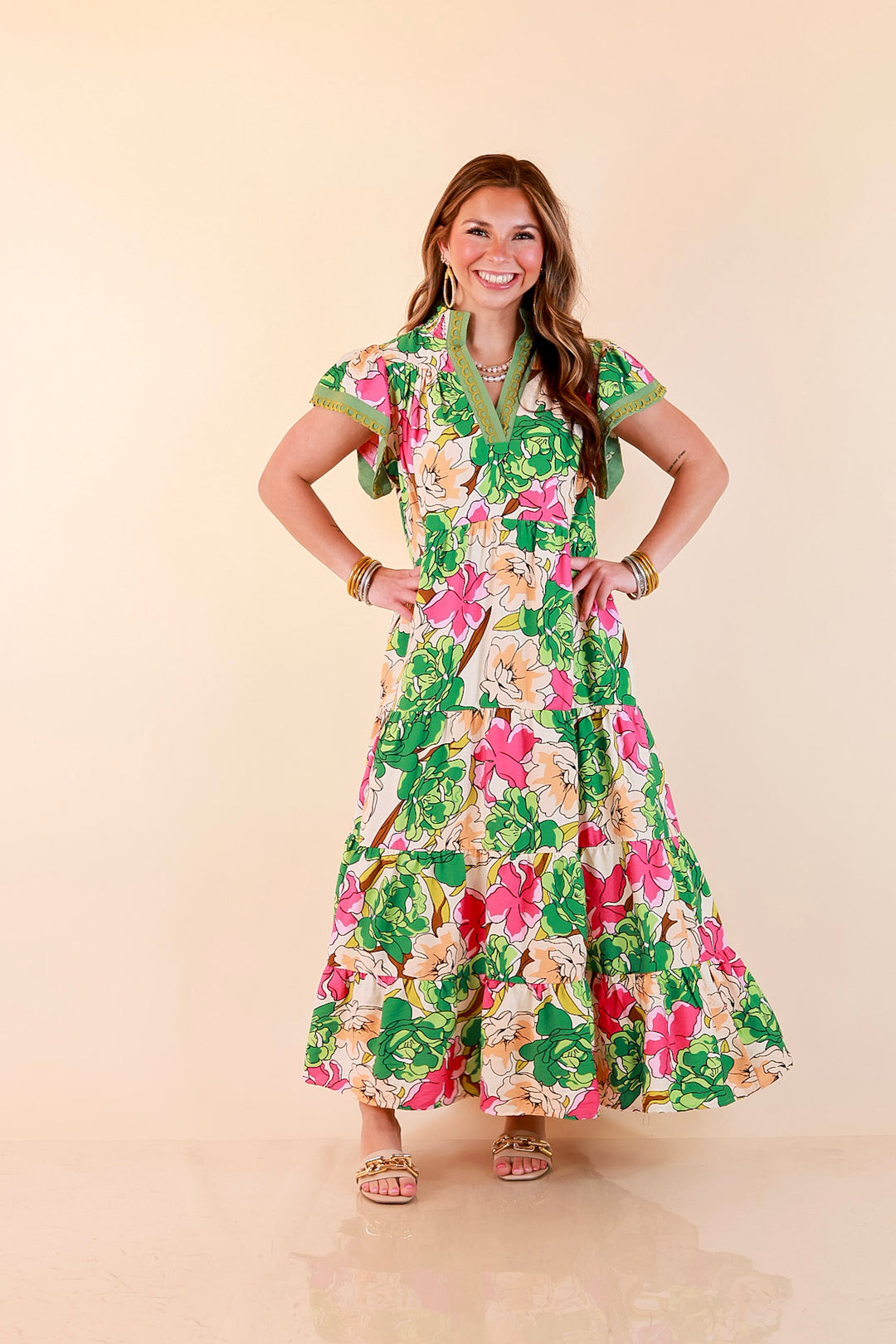Spring Symphony Floral Print Tiered Midi Dress with Flutter Sleeves in Pink and Green