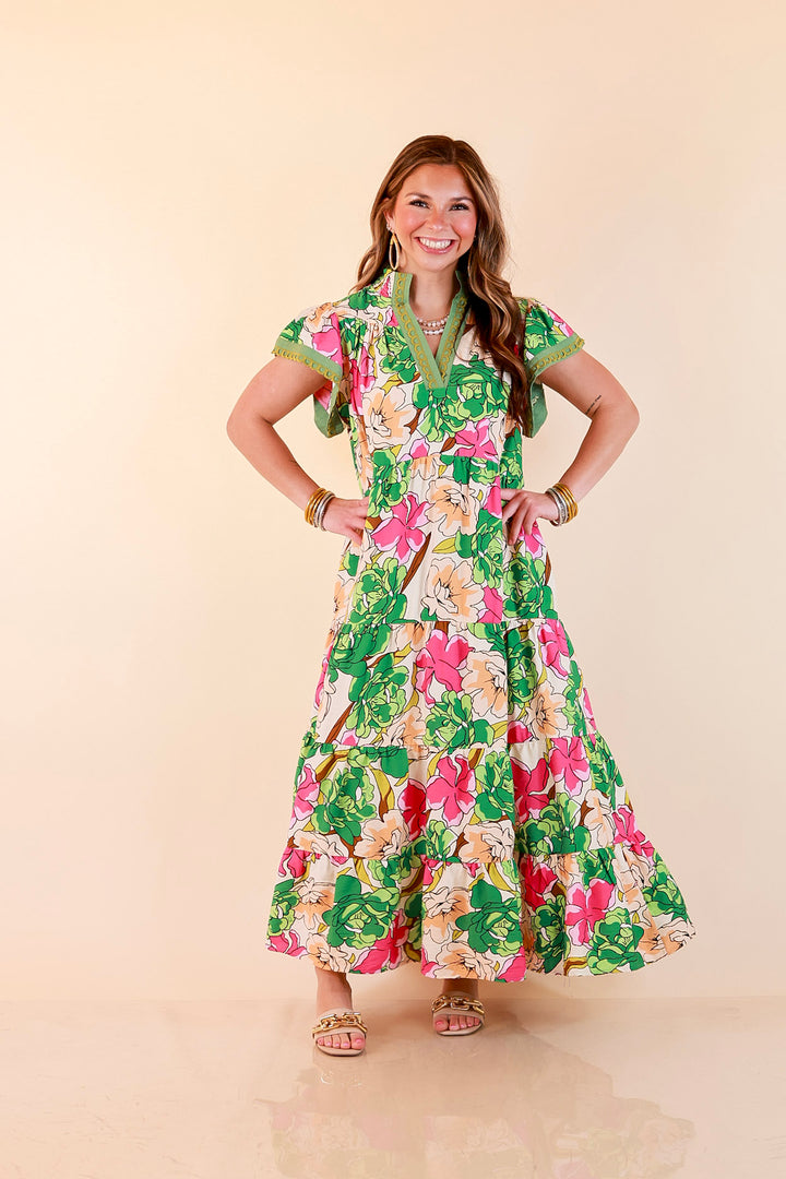 Spring Symphony Floral Print Tiered Midi Dress with Flutter Sleeves in Pink and Green