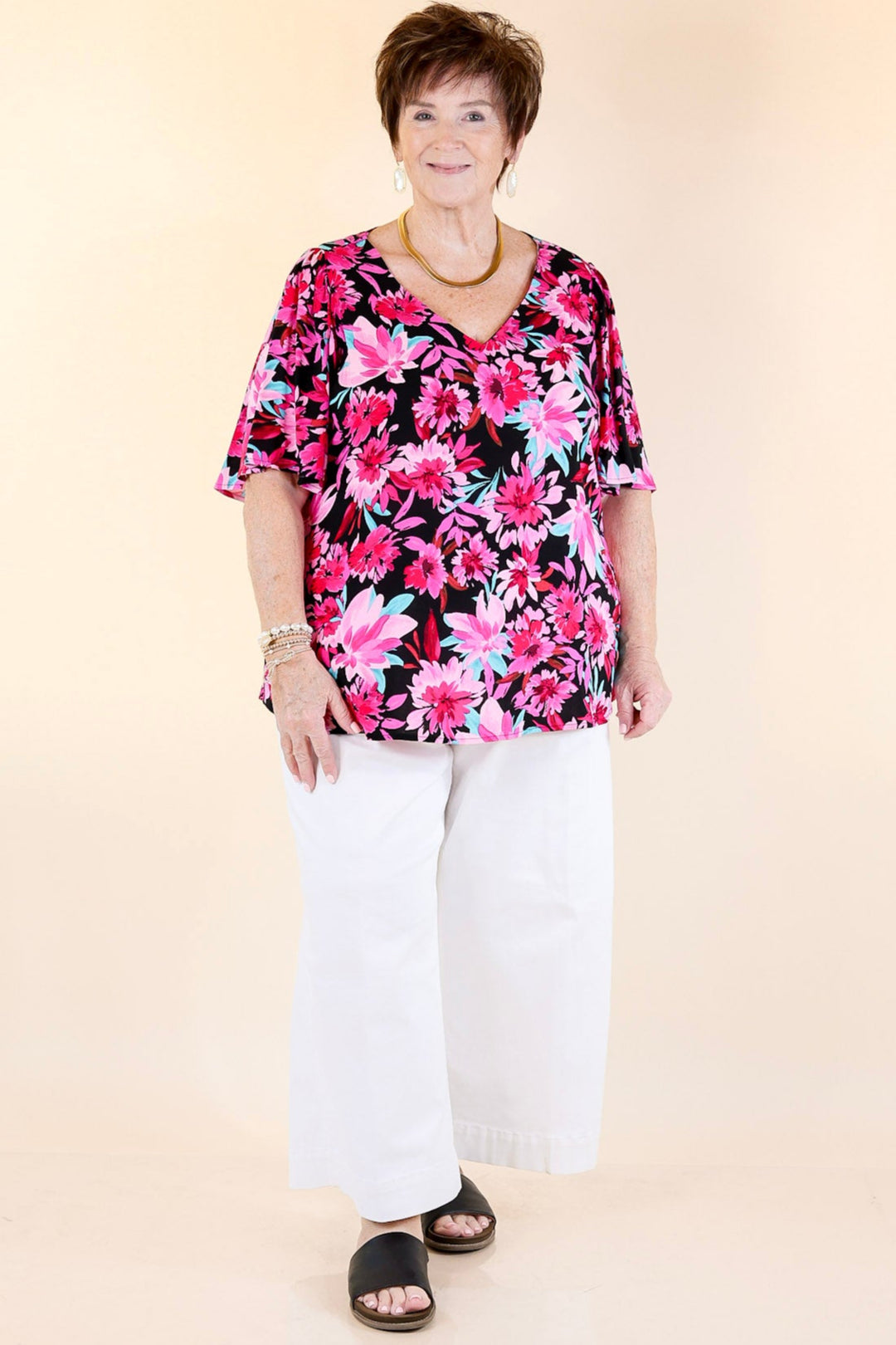 Giving You More Pink Floral Print V Neck Blouse in Black