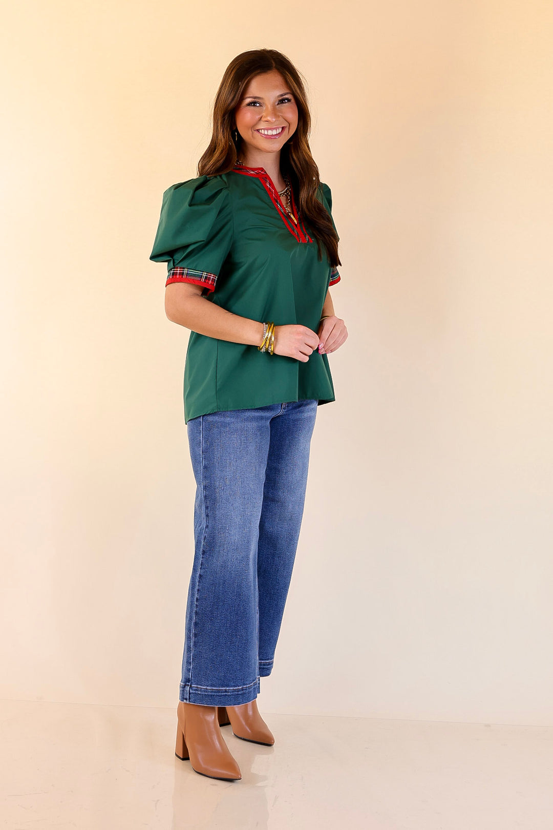 Commanding Style V Neck Top with Short Balloon Sleeves and Plaid Trim in Hunter Green