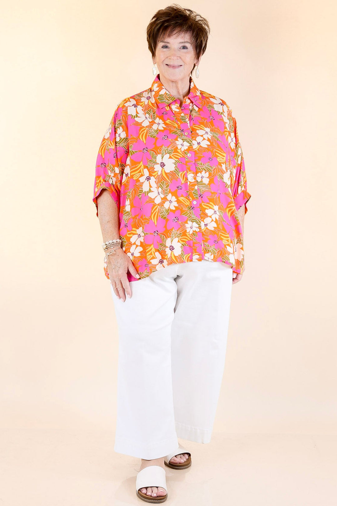 Bright Lifestyle Button Up Half Sleeve Floral Poncho Top in Orange Mix