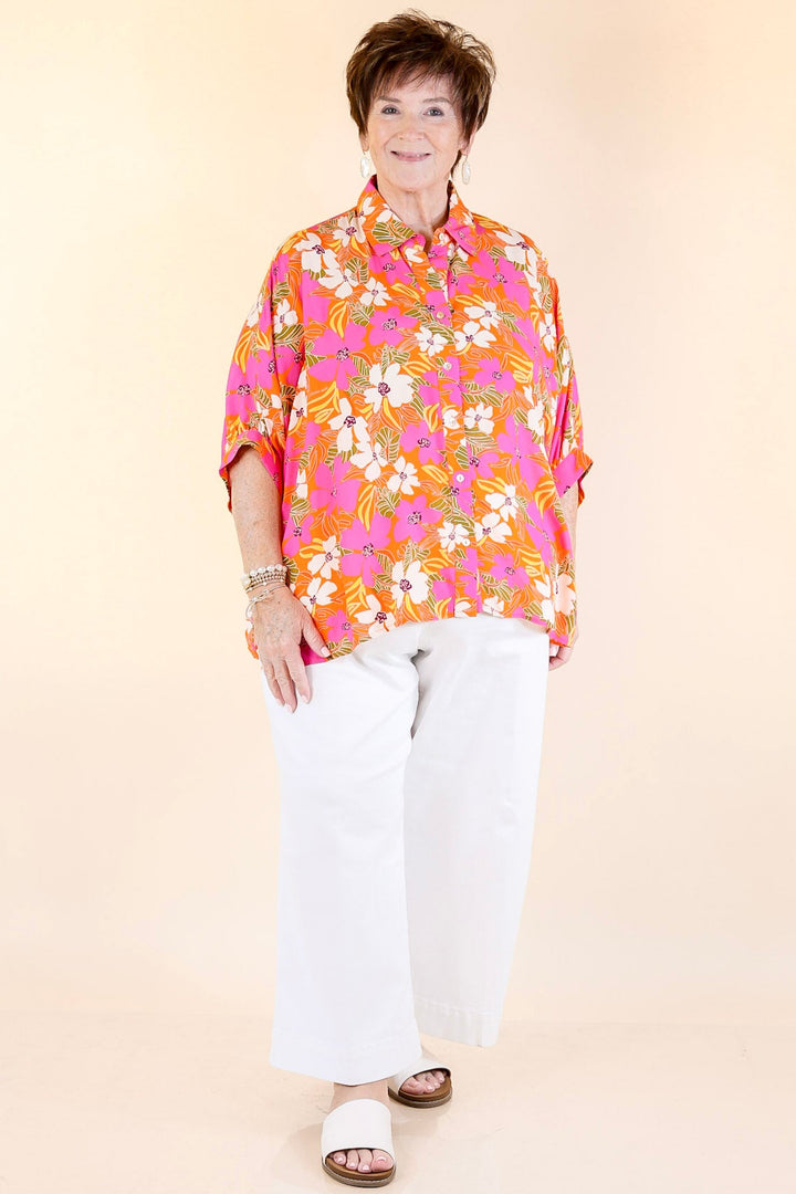 Bright Lifestyle Button Up Half Sleeve Floral Poncho Top in Orange Mix