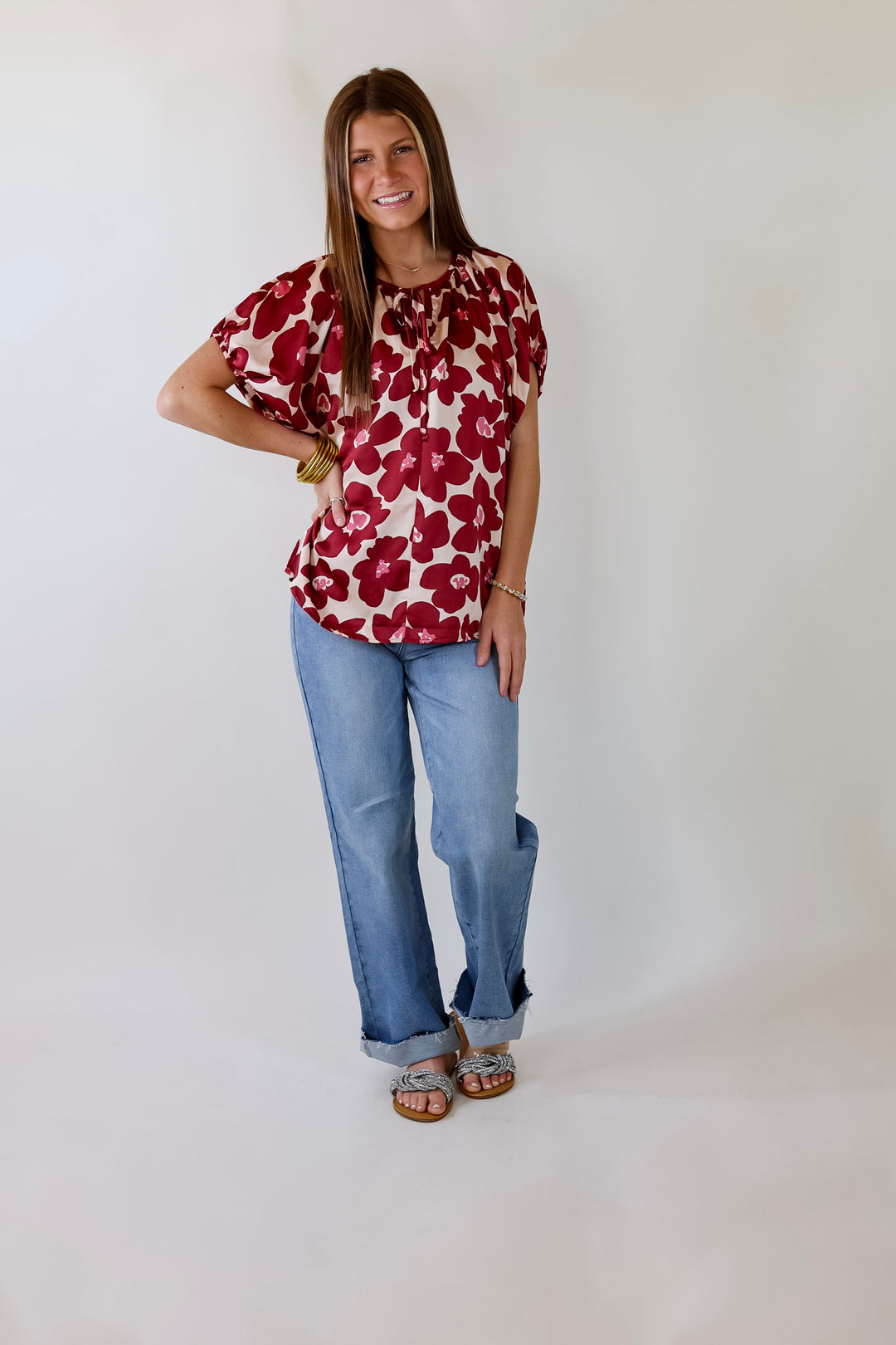 Counting Kisses Short Sleeve Floral Top with Keyhole in Maroon - Giddy Up Glamour Boutique