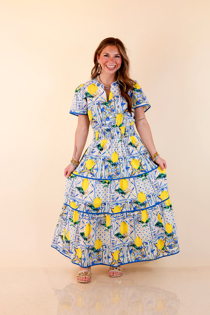 Villa Views Lemon and Tile Abstract Print Tiered Midi Dress in Blue and Yellow