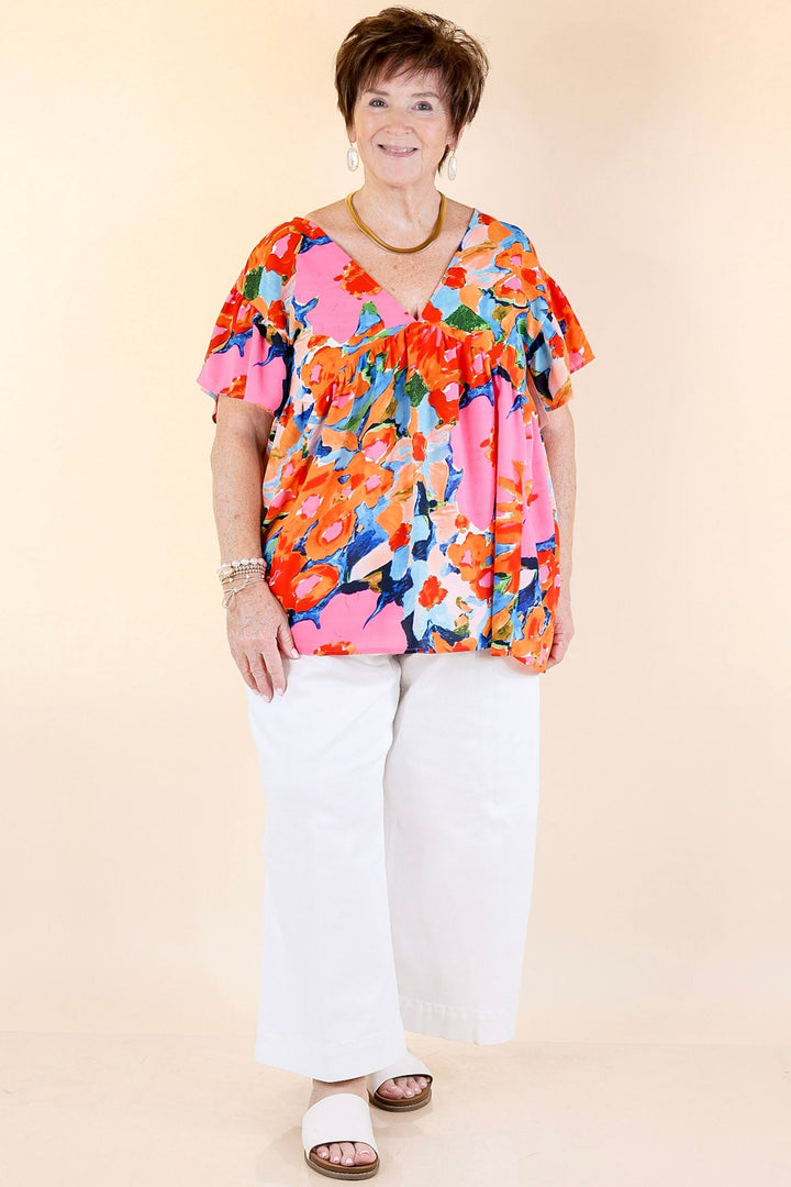 You Had Me At Aloha Watercolor Floral Top with V Neckline in Orange Mix