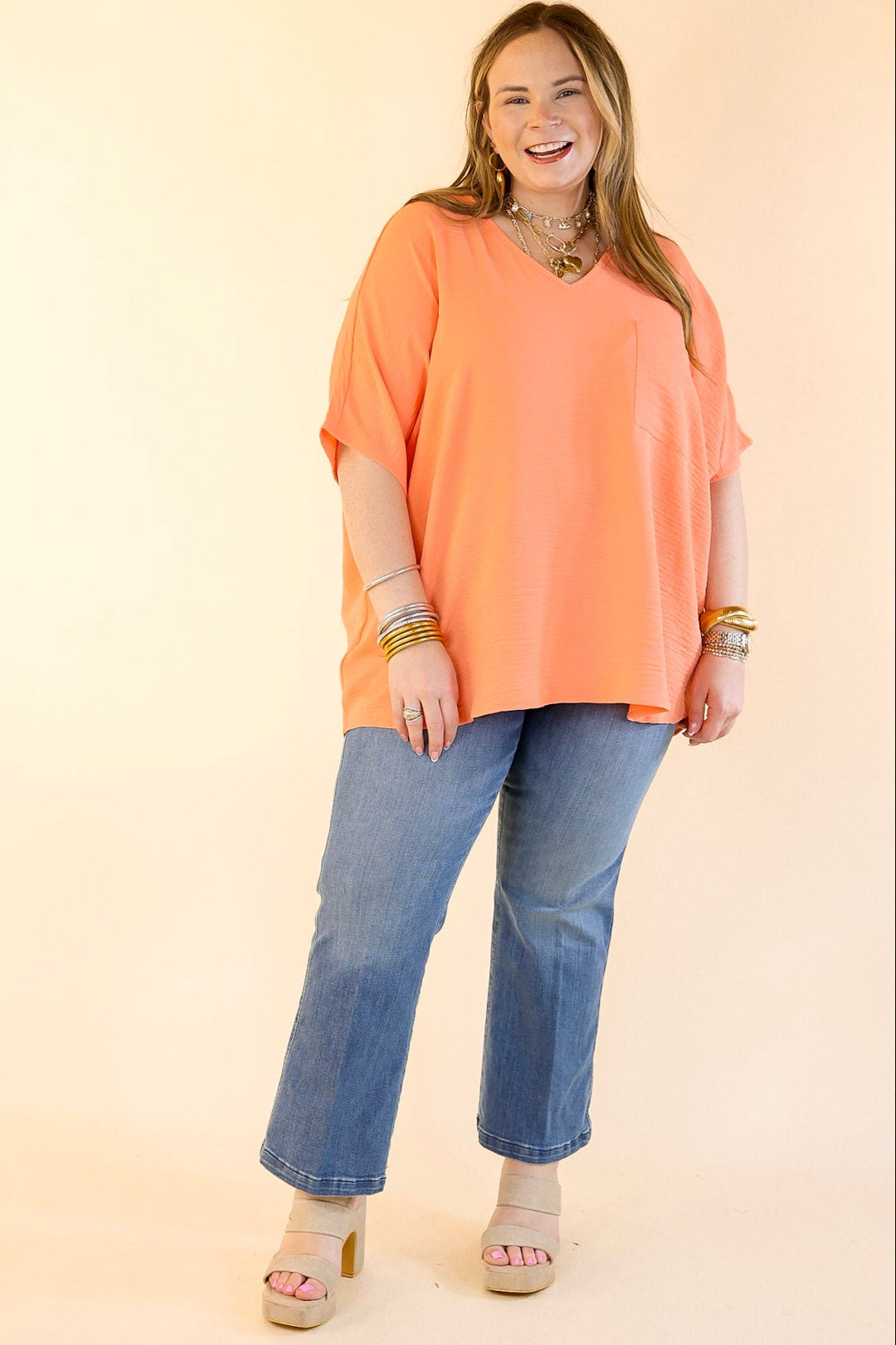 Try To Resist Short Sleeve V Neck Top with Front Pocket in Coral