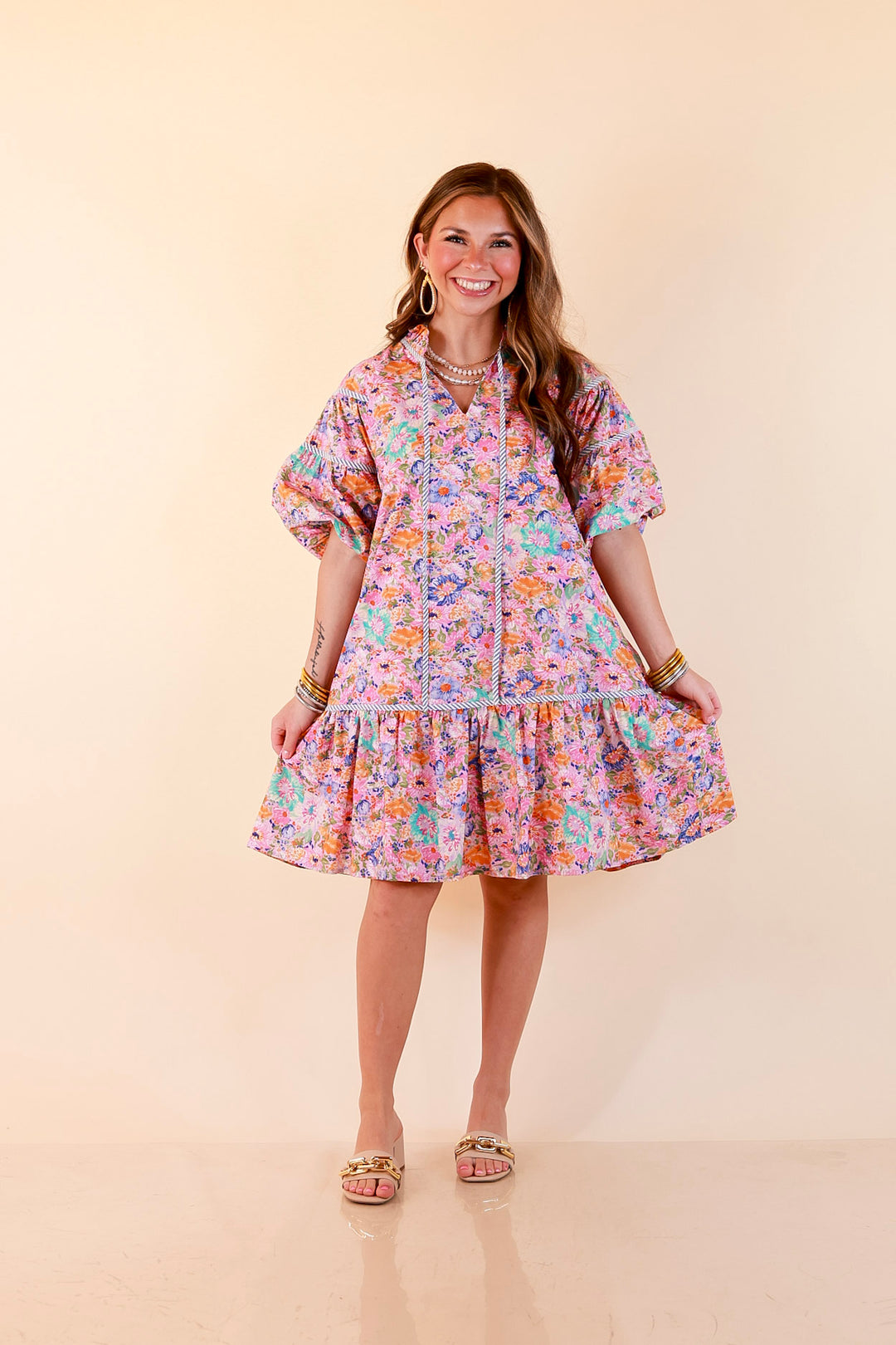 Darling Detail Floral Print Drop Waist Mini Dress with Contrast Trim in Pink Multi