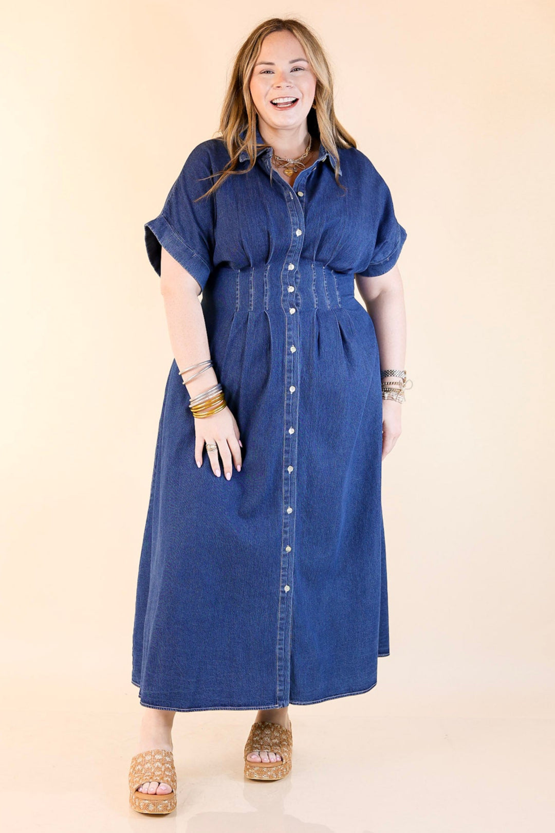Simply Darling Button Up Denim Maxi Dress with a cinch waist. In sizes from small to large Giddy Up Glamour Boutique Simply Darling Button Up Denim Maxi Dress with a cinch waist. In sizes from small to large Giddy Up Glamour Boutique