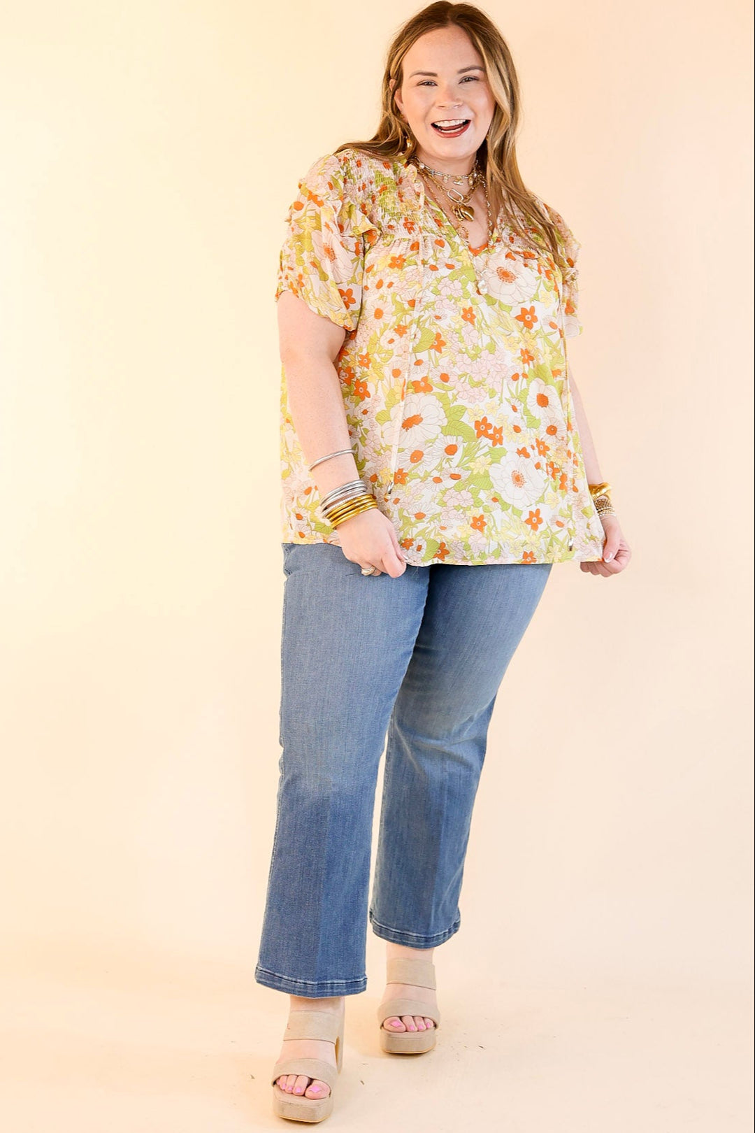 Daily Basis Front Keyhole Floral Top in Ivory and Green