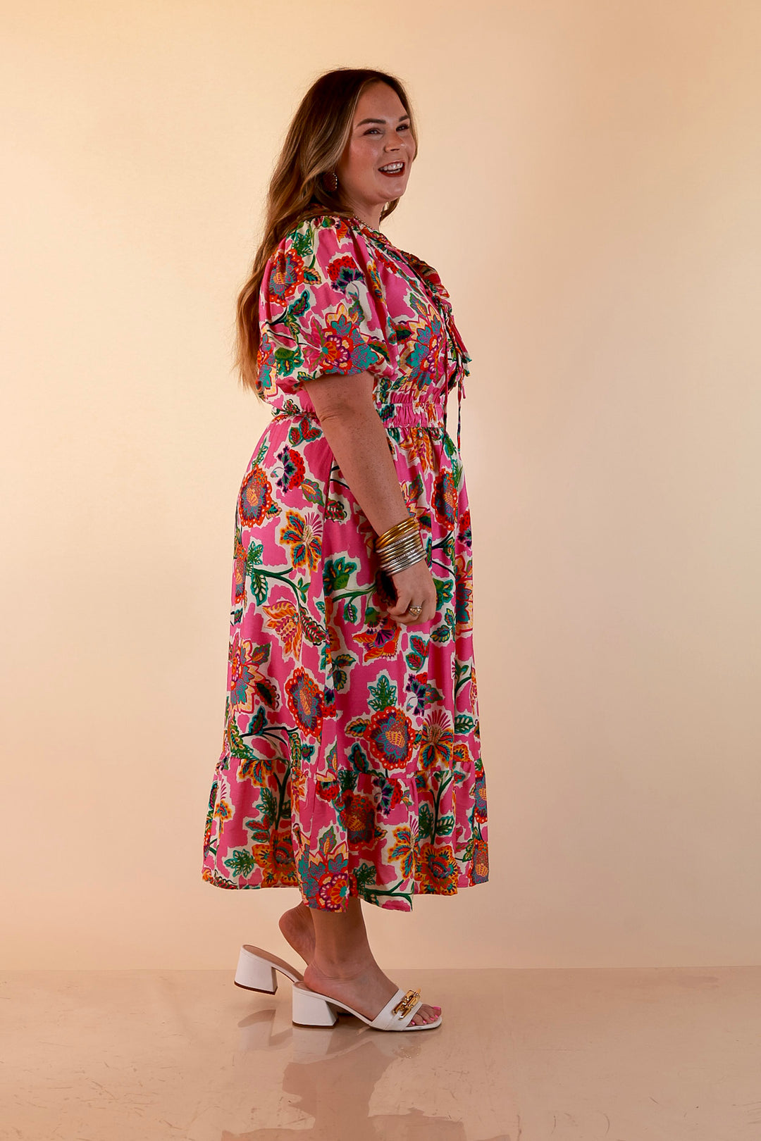 Color Me Happy Floral Print Midi Dress with Tie Neckline and Puff Sleeves in Pink