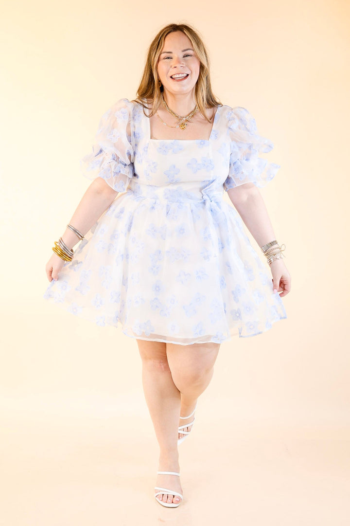 Blissful Beauty Floral Print Dress with Short Puff Sleeves in Sky Blue