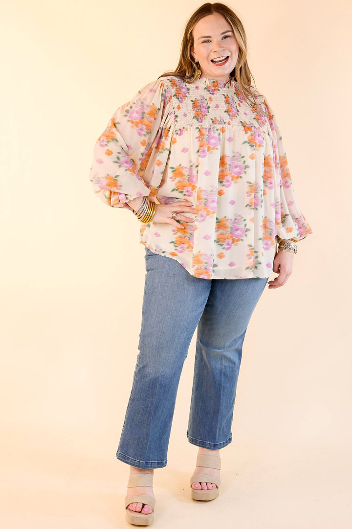 Garden Glow Watercolor Floral Print Blouse with High Neckline in Ivory