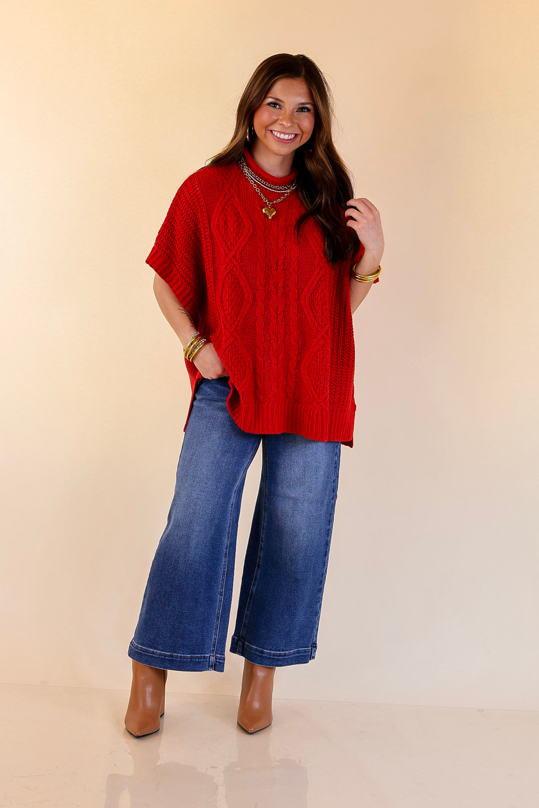 Mud Pie | Claude Oversized Cable Knit Dropped Shoulder Sweater in Red