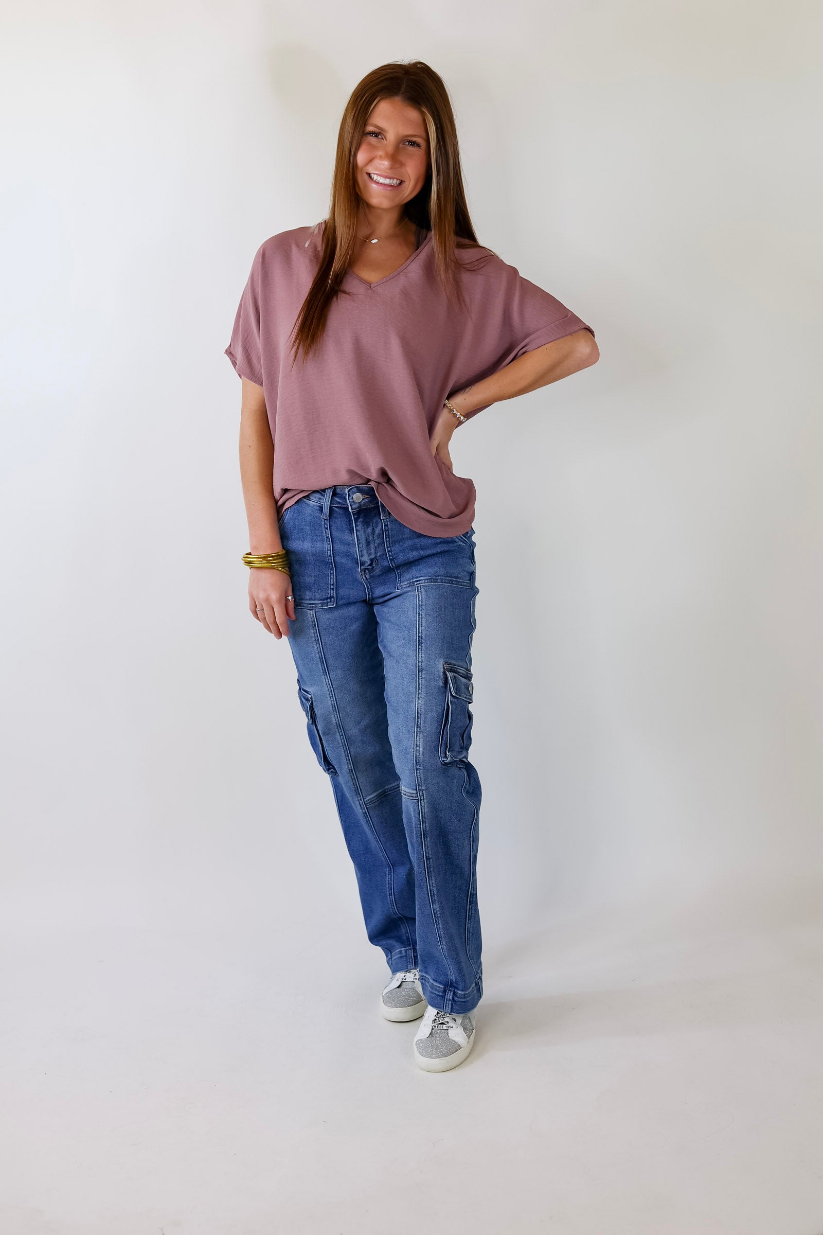 Lovely Dear V Neck Short Sleeve Solid Top in Mauve Purple - Giddy Up Glamour Boutique