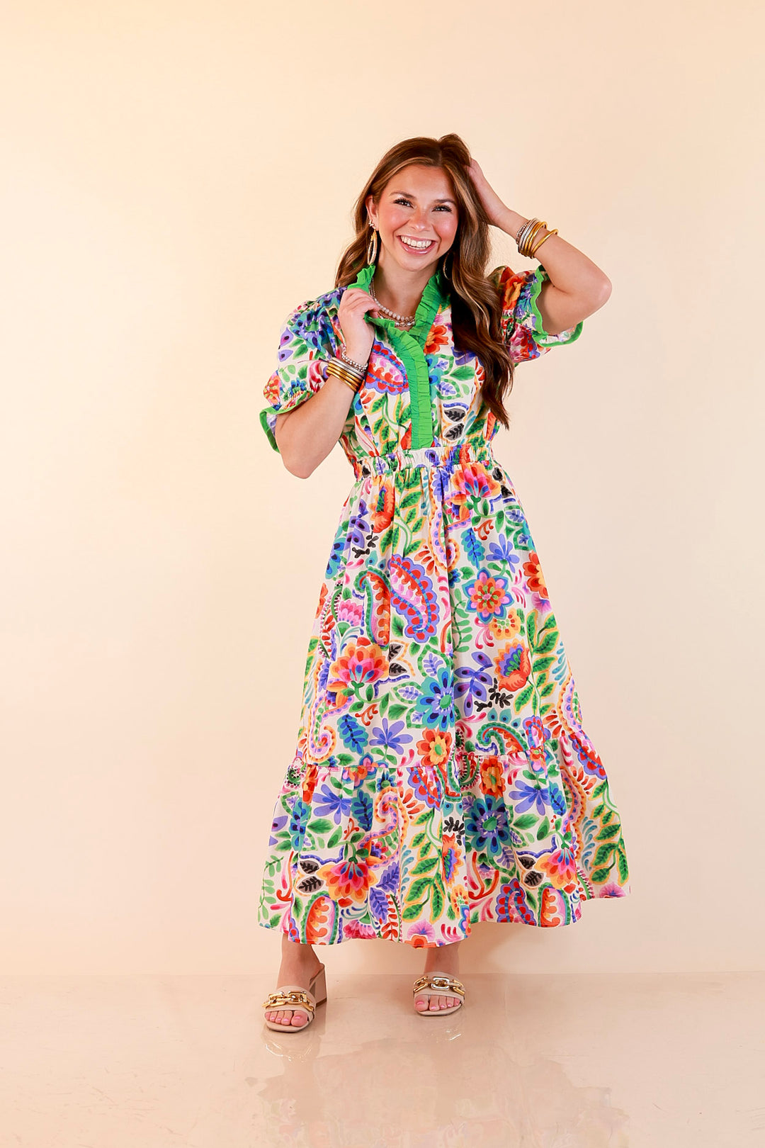 Gracefully Yours Floral and Paisley Print Midi Dress with Contrast Ruffle Trim in Ivory