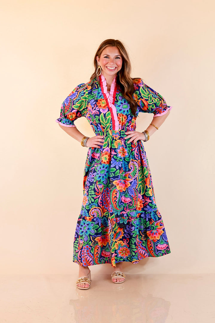 Gracefully Yours Floral and Paisley Print Midi Dress with Contrast Ruffle Trim in Navy Blue