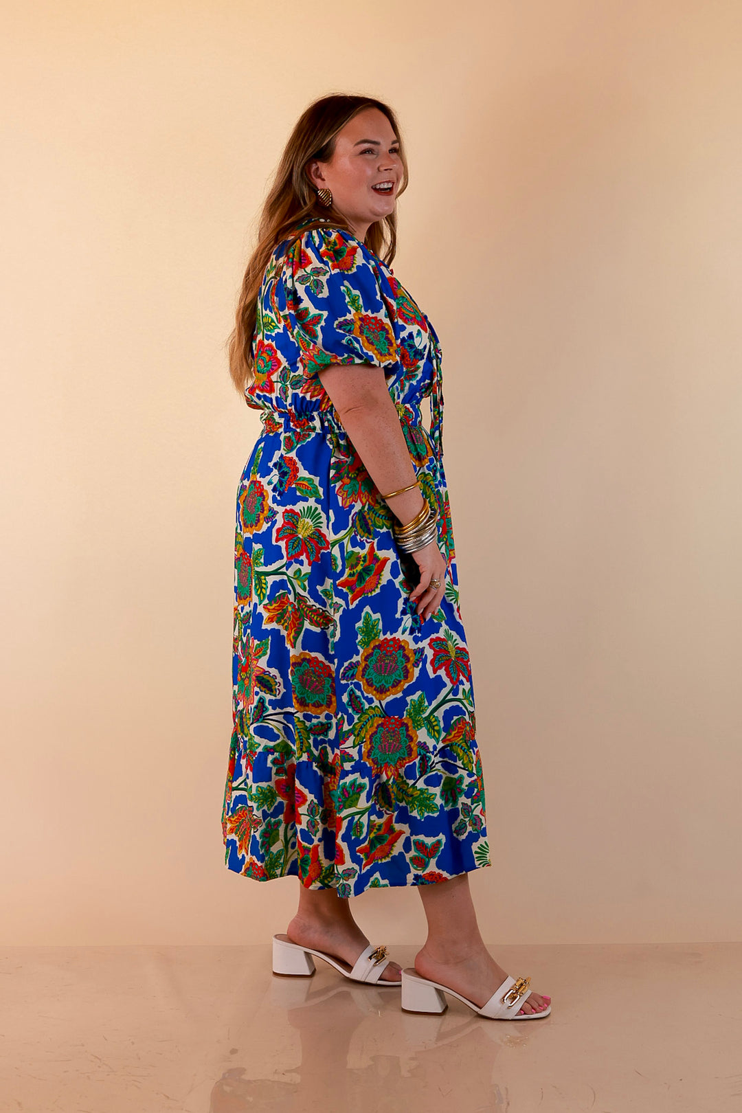 Color Me Happy Floral Print Midi Dress with Tie Neckline and Puff Sleeves in Royal Blue