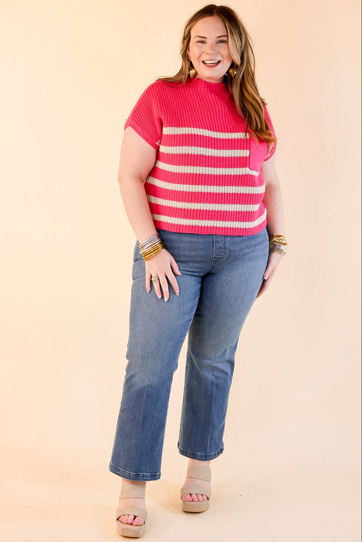 Repeat Worthy Striped Cap Sleeve Cropped Sweater with Front Pocket in Hot Pink