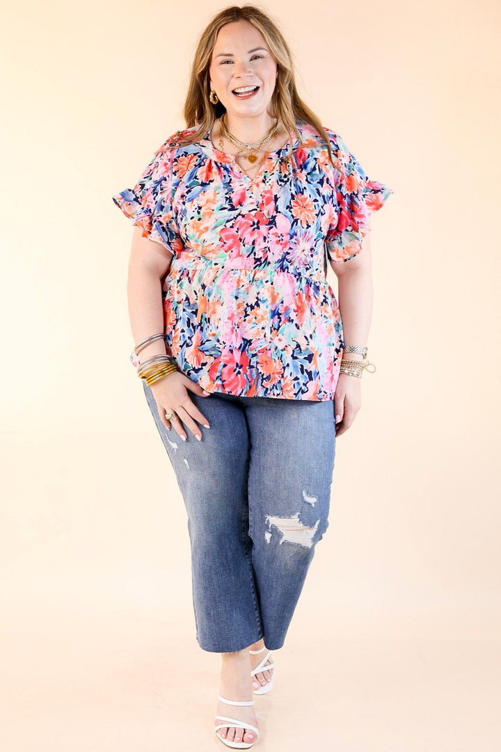 Spring Fever Floral Babydoll Top with Ruffle Short Sleeves in Pink and Blue Mix