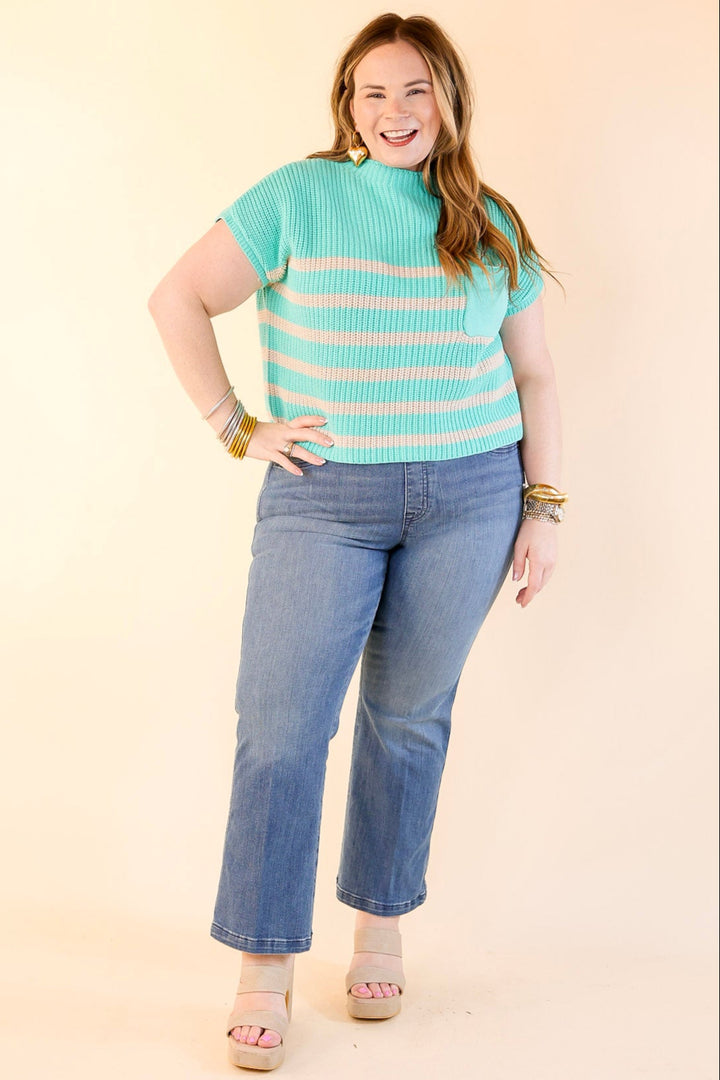 Repeat Worthy Striped Cap Sleeve Cropped Sweater with Front Pocket in Mint Green