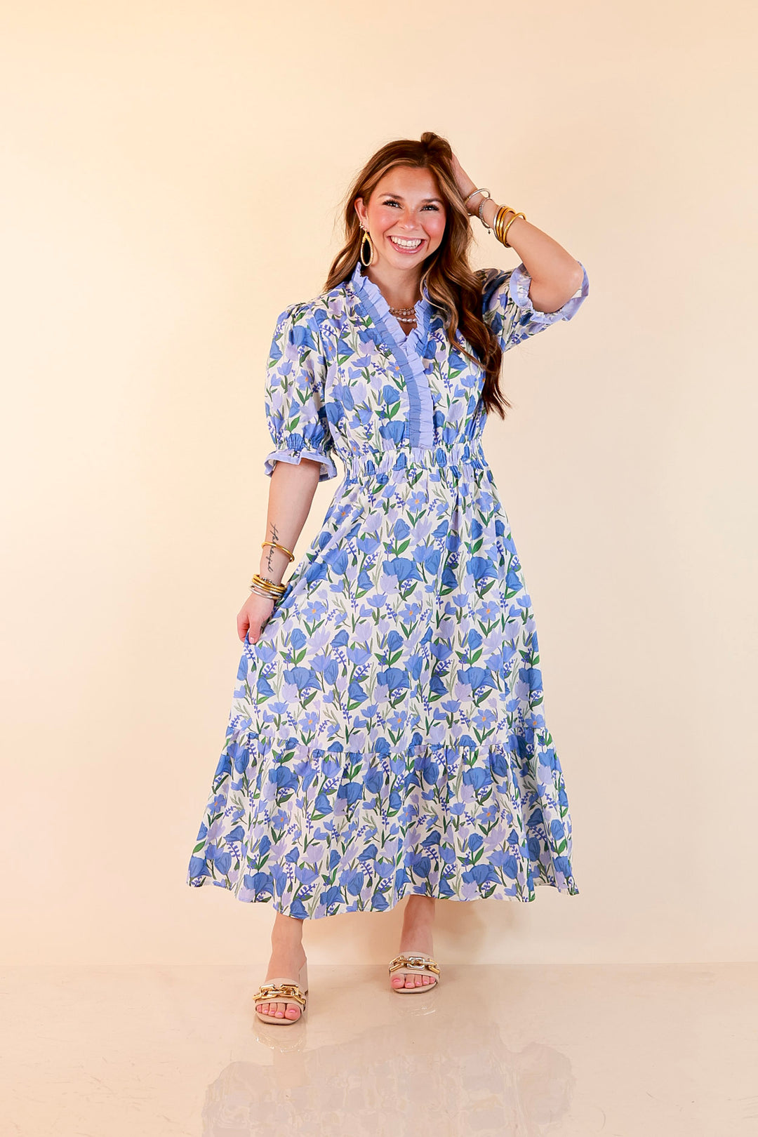 Gracefully Yours Floral Print Midi Dress with Contrast Ruffle Trim in Blue