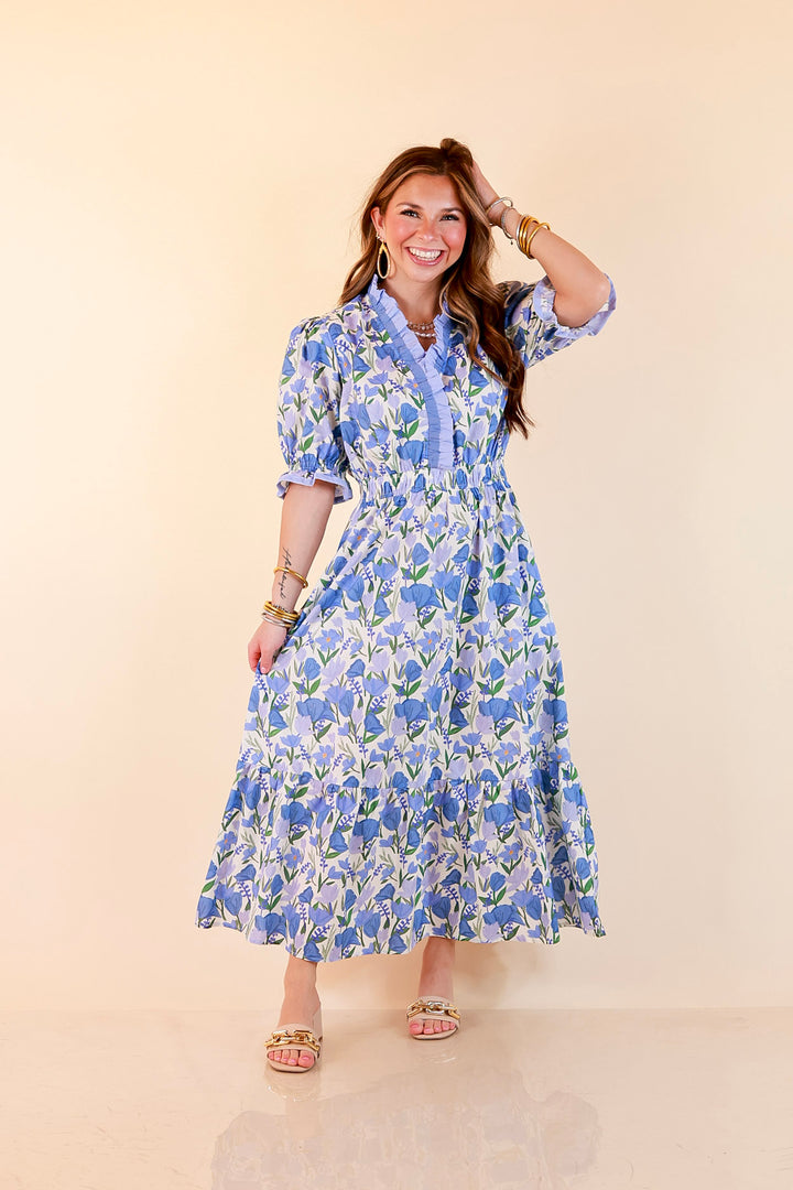 Gracefully Yours Floral Print Midi Dress with Contrast Ruffle Trim in Blue