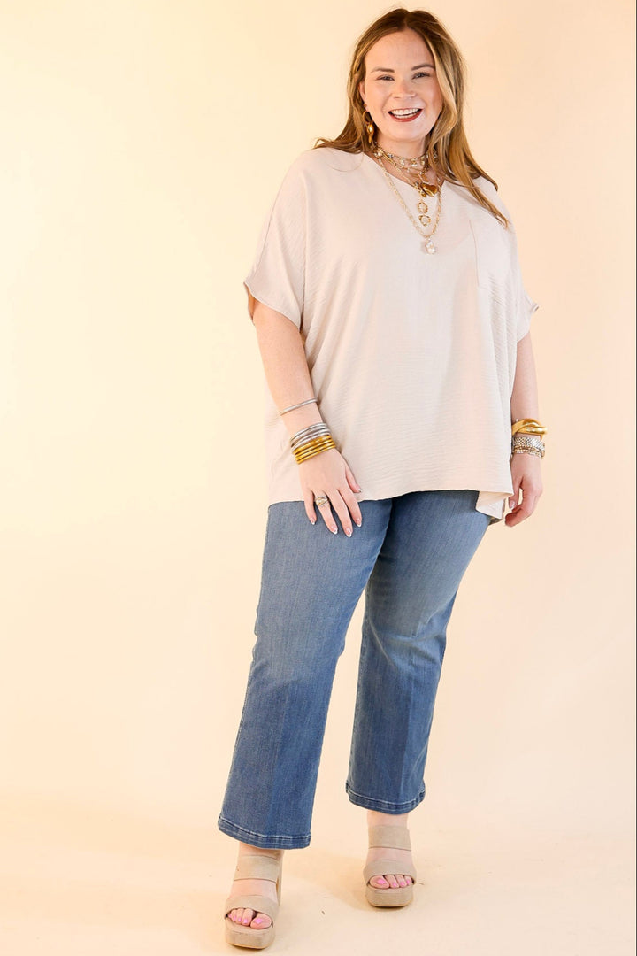 Try To Resist Short Sleeve V Neck Top with Front Pocket in Beige