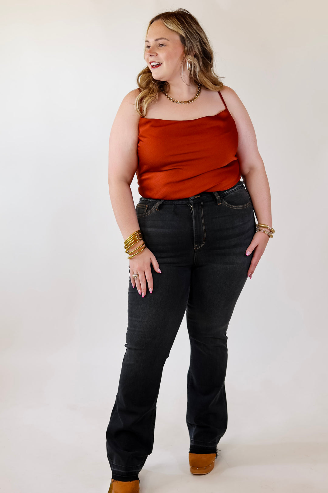 Fall Fields Crepe Cowl Neck Bodysuit with Spaghetti Straps in Rust Red - Giddy Up Glamour Boutique