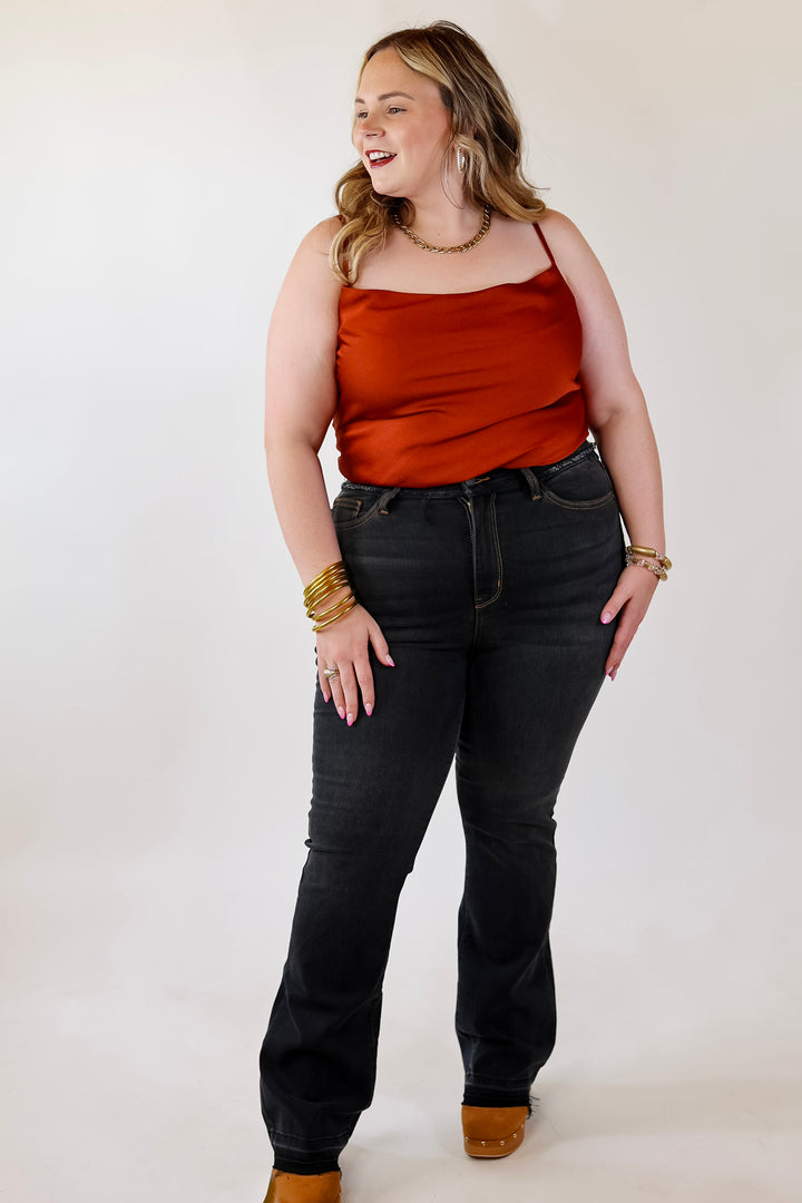 Fall Fields Crepe Cowl Neck Bodysuit with Spaghetti Straps in Rust Red - Giddy Up Glamour Boutique