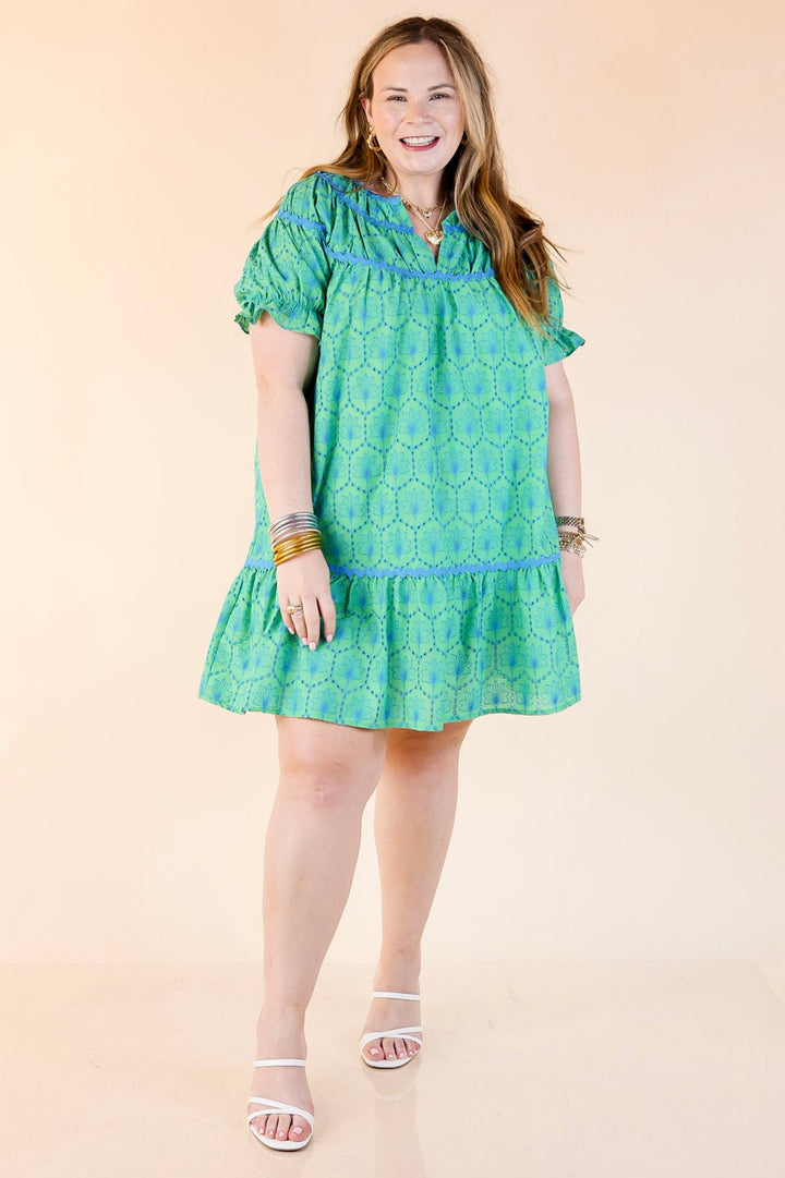 Sweet & Sassy Puff Sleeve Blue Embroidered Eyelet A-Line Dress in Green