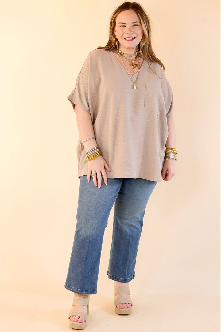 Try To Resist Short Sleeve V Neck Top with Front Pocket in Light Mocha Brown