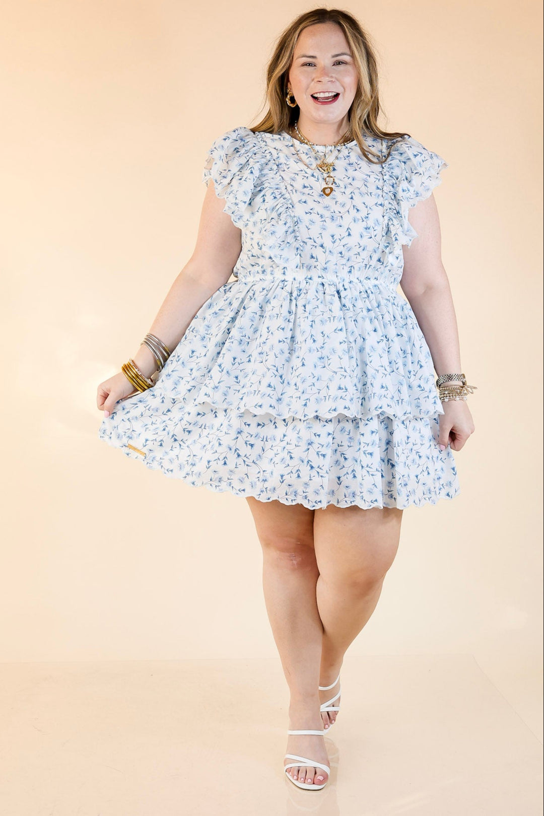 Simply Southern | Daisy Dreams Tiered Floral Print Dress with Ruffle Cap Sleeves in White