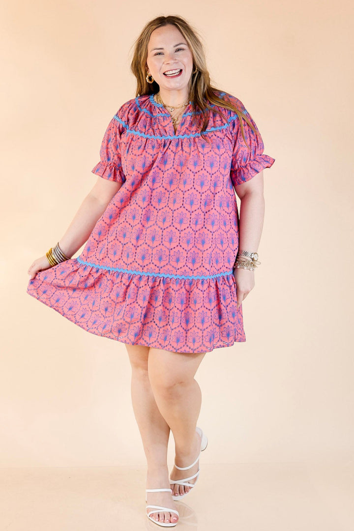 Sweet & Sassy Puff Sleeve Blue Embroidered Eyelet A-Line Dress in Pink
