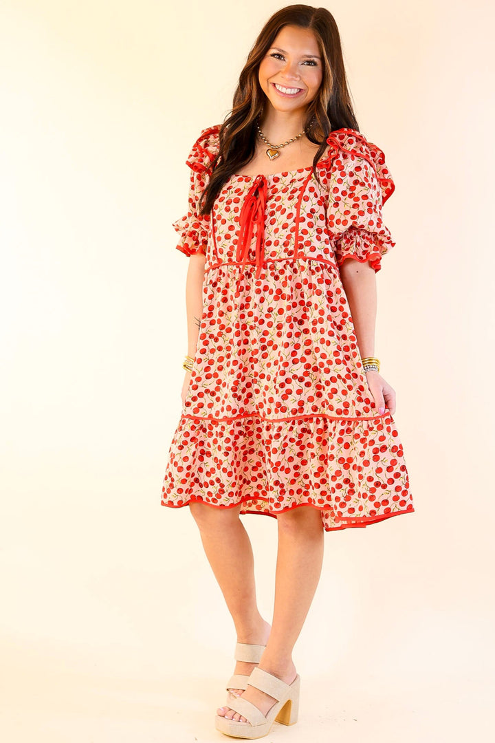 Cherry on Top Puff Sleeve Dress in Light Pink and Red