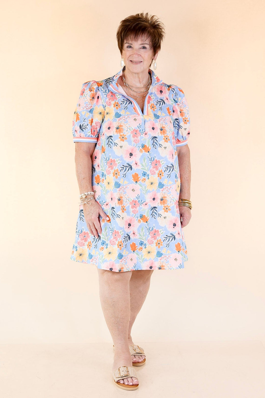 Lovely as Ever V Neck Floral Print Dress in Blue and Pink Mix
