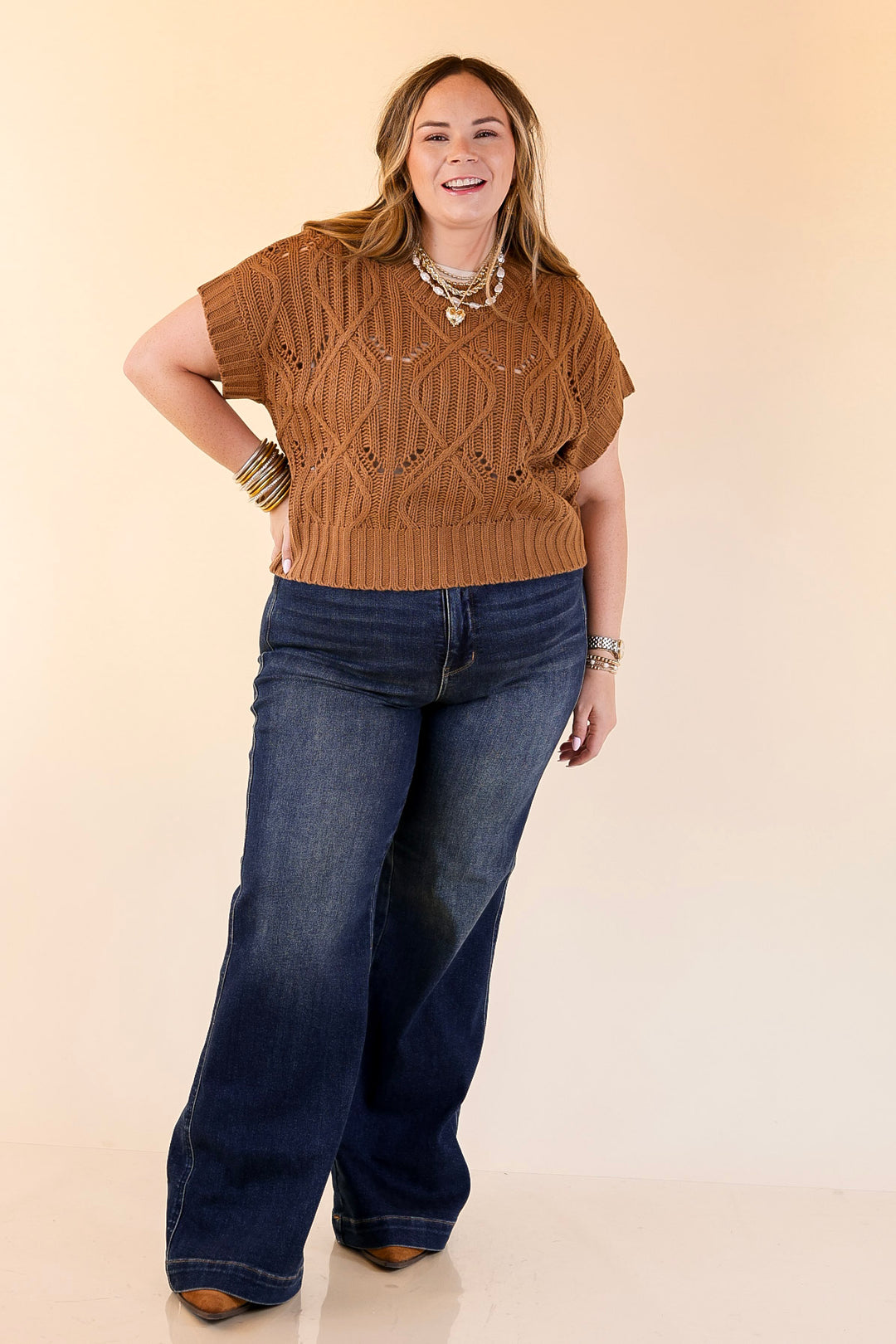 Knit to Last Cable Knit Short Sleeve Sweater Top in Camel Brown