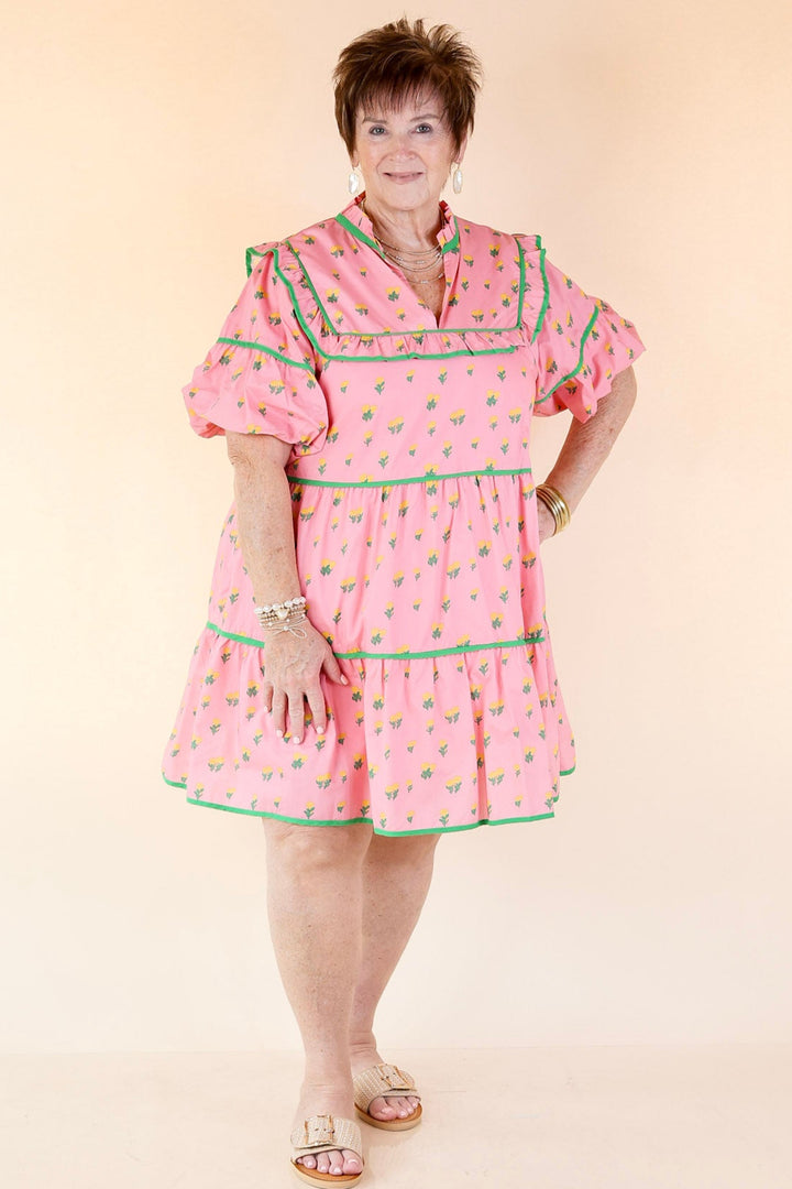 Pretty Please Floral Print Tiered Babydoll Dress in Pink