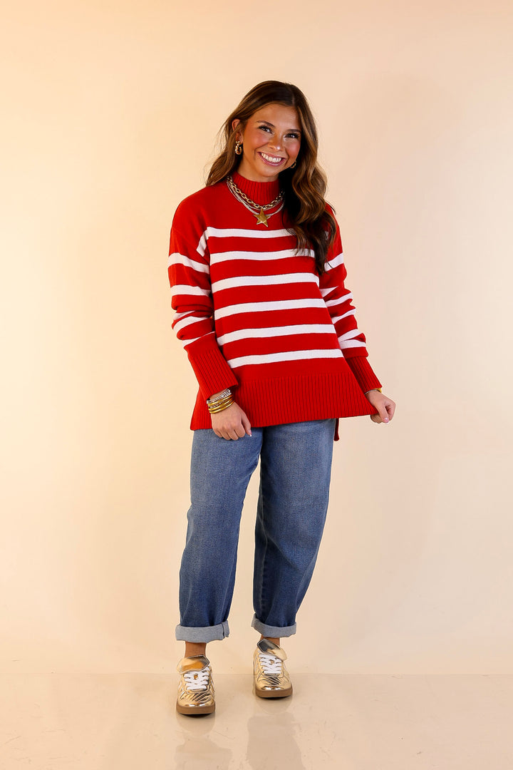 Chilly Day Charm Mock Neck Long Sleeve High-Low Striped Sweater in Red with Ivory Stripes