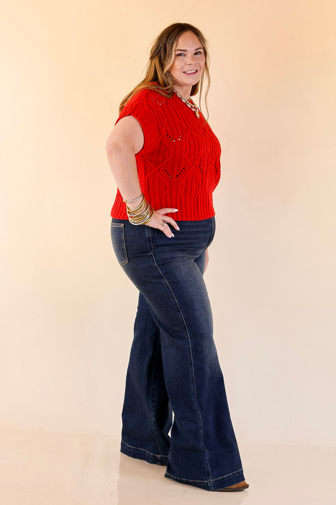 Knit to Last Cable Knit Short Sleeve Sweater Top in Red