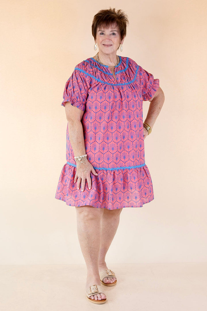 Sweet & Sassy Puff Sleeve Blue Embroidered Eyelet A-Line Dress in Pink