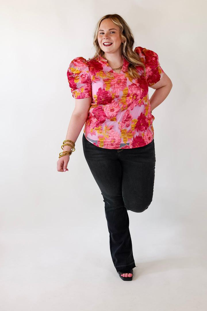 A Fine Feeling Floral Print Top with Puffed Sleeves in Pink - Giddy Up Glamour Boutique