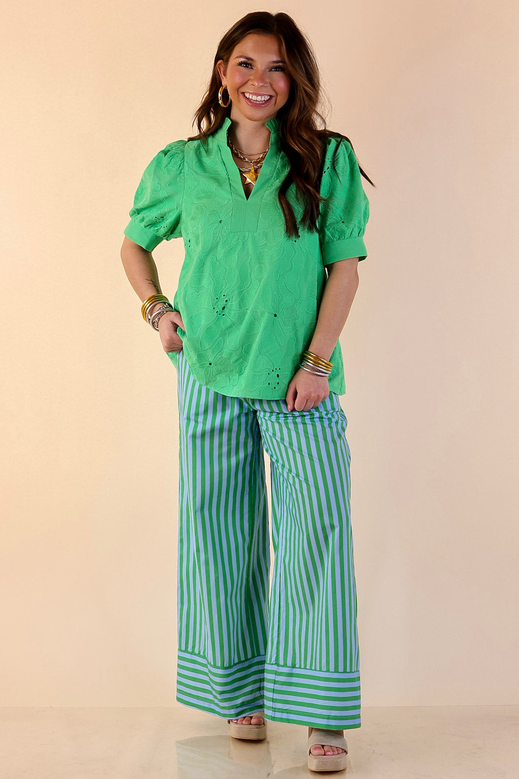 Weekend Energy Striped Drawstring Wide Leg Pants in Green and Blue