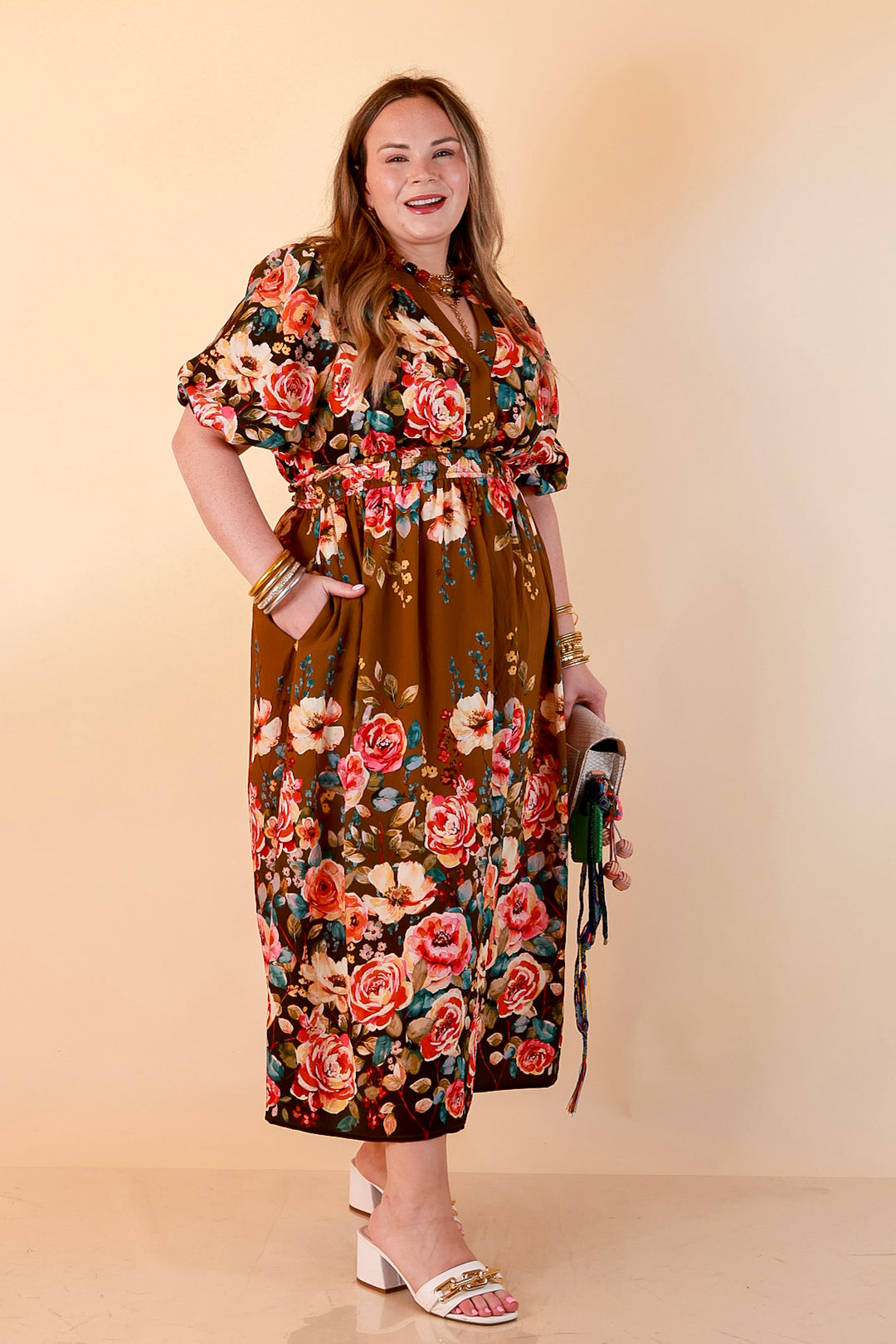 Brunch with the Girls Puff Sleeve Smocked Waist Floral Print Tiered Midi Dress in Chocolate Brown Multi