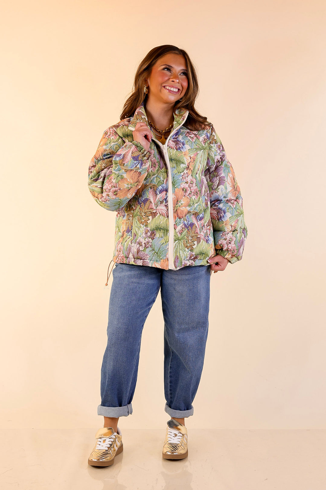 Whispers of Winter Floral Print Zip Up Puffer Jacket in Cream