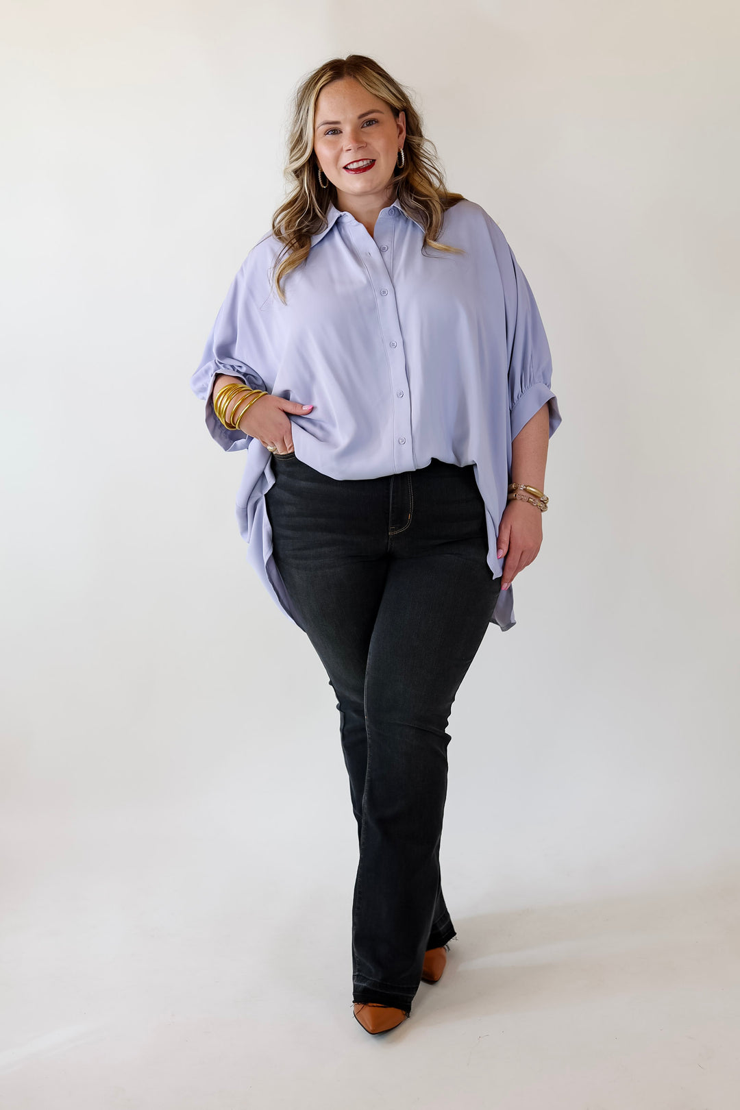 City Lifestyle Button Up Half Sleeve Poncho Top in Light Blue - Giddy Up Glamour Boutique