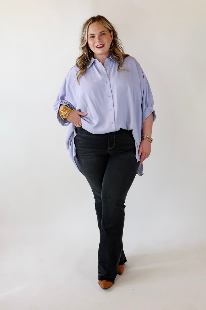 City Lifestyle Button Up Half Sleeve Poncho Top in Light Blue - Giddy Up Glamour Boutique