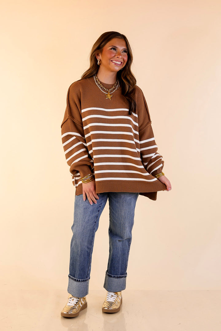 Snug and Stylish Mock Neck Striped Sweater with Side Slit in Camel Brown with Ivory Stripes
