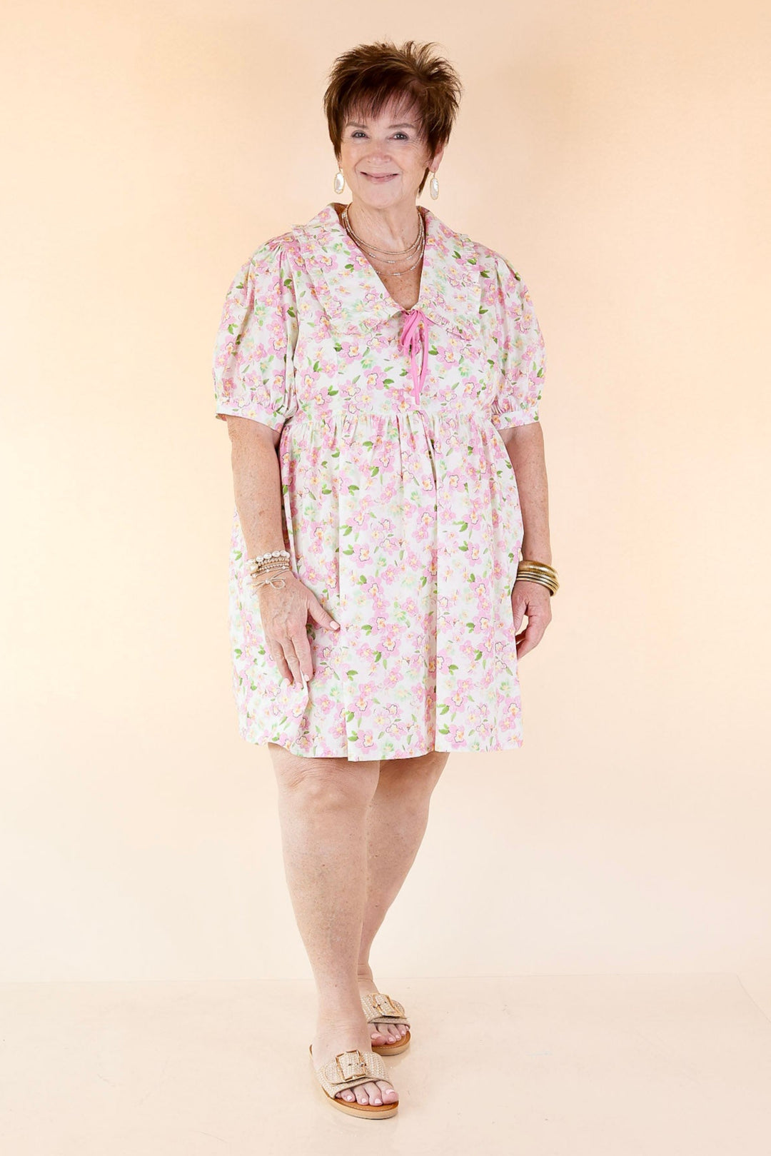 Pretty in Petals Pink Floral Babydoll Dress with Peter Pan Collar in Cream